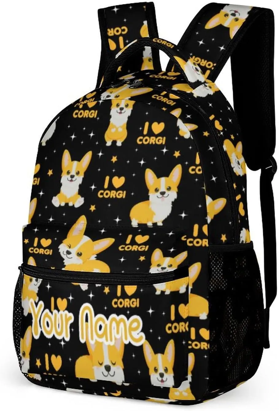 Custom Corgi Dog School Backpack for Kids Girls Boys, 16 Inch Cute Corgi Dogs Themed Bookbag, Personalized School Backpack for Students Children, Lightweight, Large Capacity