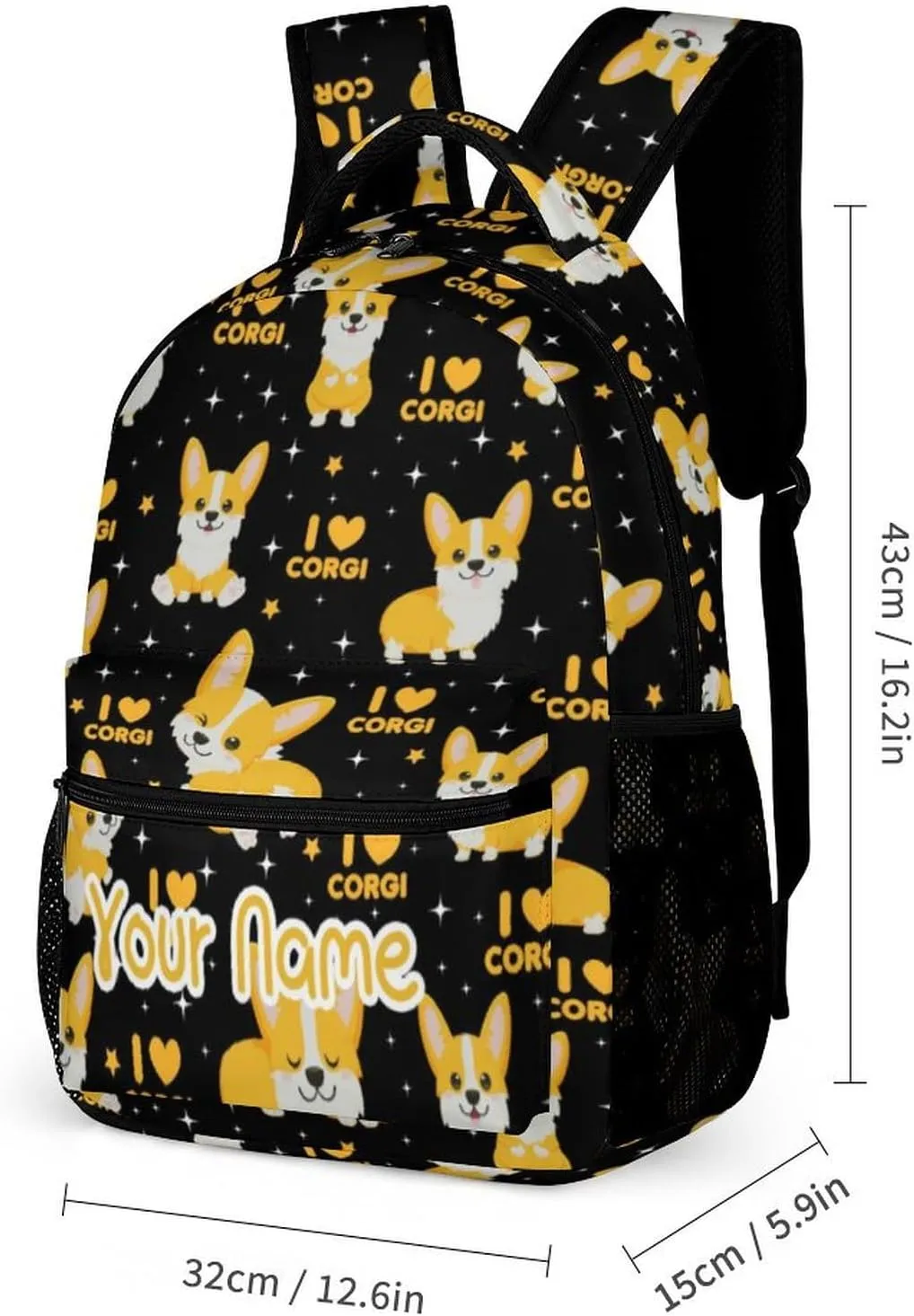 Custom Corgi Dog School Backpack for Kids Girls Boys, 16 Inch Cute Corgi Dogs Themed Bookbag, Personalized School Backpack for Students Children, Lightweight, Large Capacity