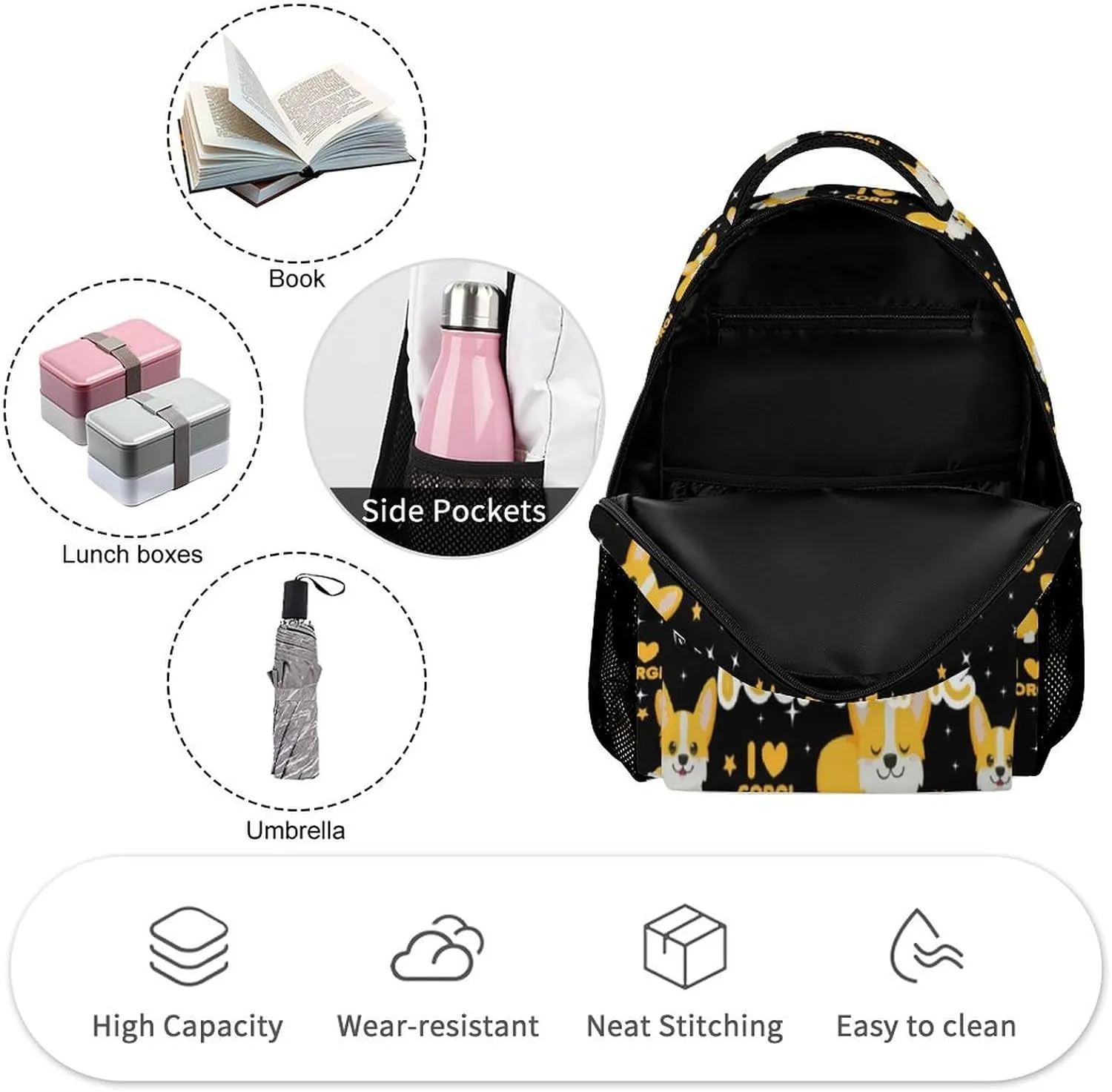 Custom Corgi Dog School Backpack for Kids Girls Boys, 16 Inch Cute Corgi Dogs Themed Bookbag, Personalized School Backpack for Students Children, Lightweight, Large Capacity