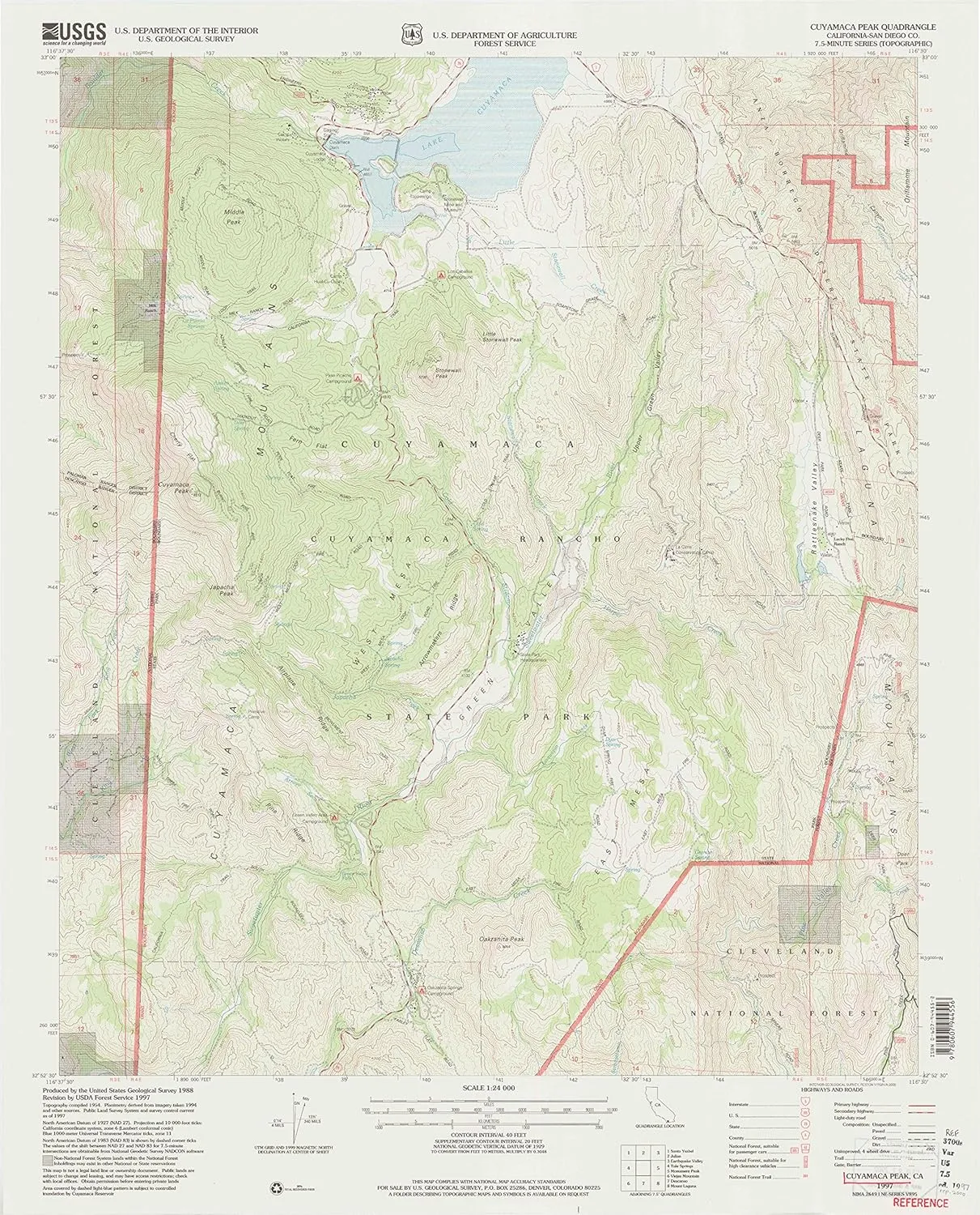 Cuyamaca Peak CA topo map, 1:24000 Scale, 7.5 X 7.5 Minute, Historical, 1997, Updated 2000, 27.1 x 21.9 in