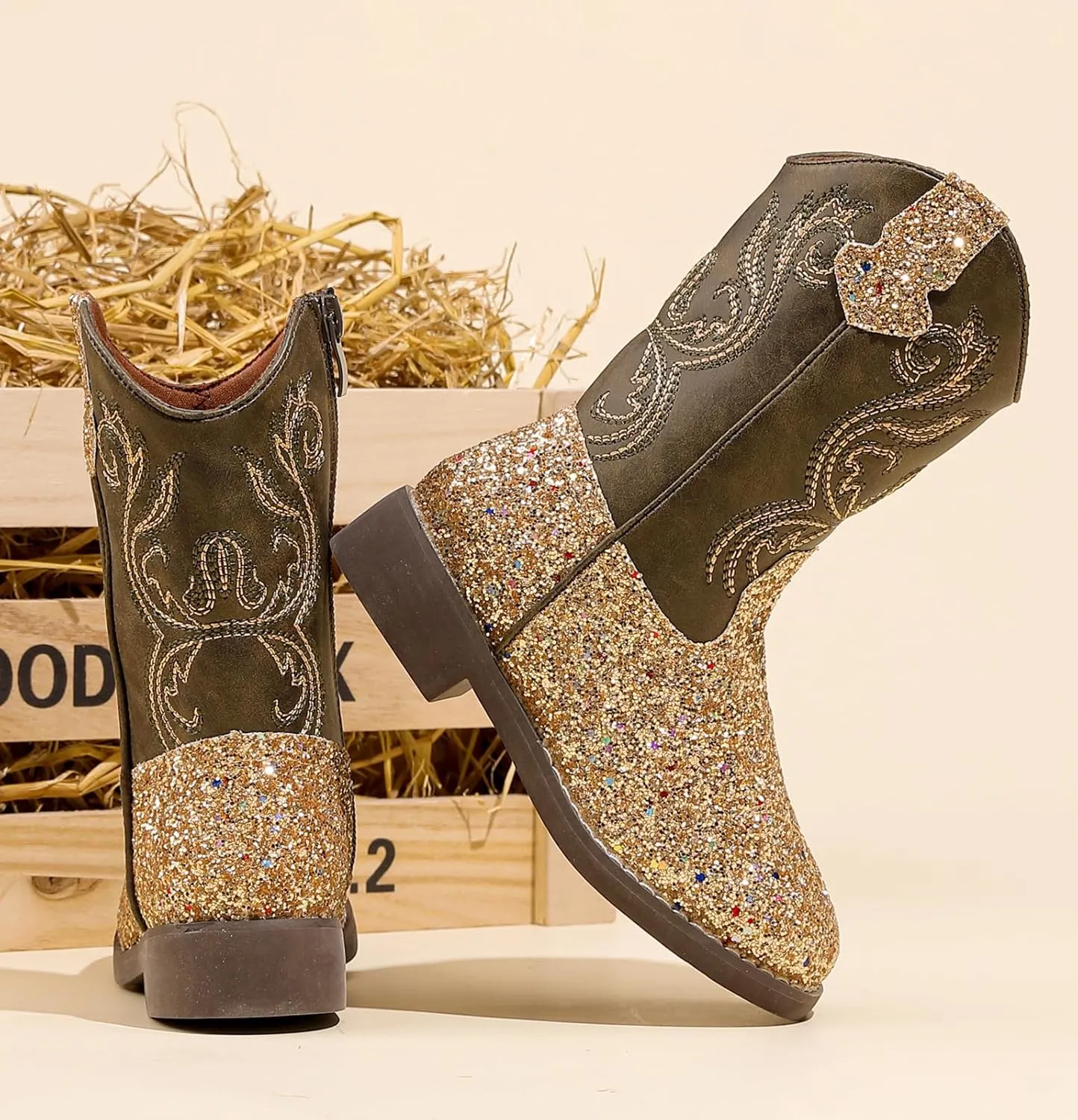 DADAWEN Kids Glitter Square Toe Cowgirl Boots Cowboy Western Boots Boys Girls Mid Calf Riding Shoes With Side Zipper