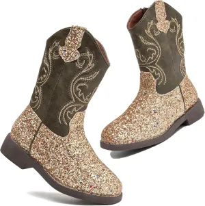 DADAWEN Kids Glitter Square Toe Cowgirl Boots Cowboy Western Boots Boys Girls Mid Calf Riding Shoes With Side Zipper