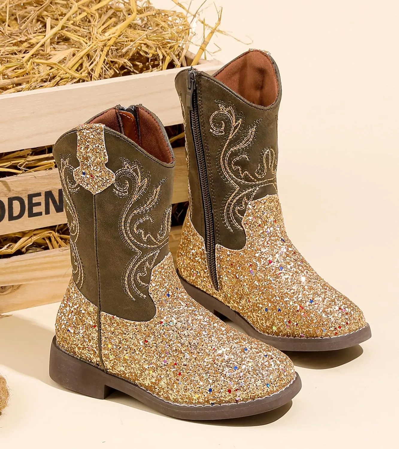 DADAWEN Kids Glitter Square Toe Cowgirl Boots Cowboy Western Boots Boys Girls Mid Calf Riding Shoes With Side Zipper