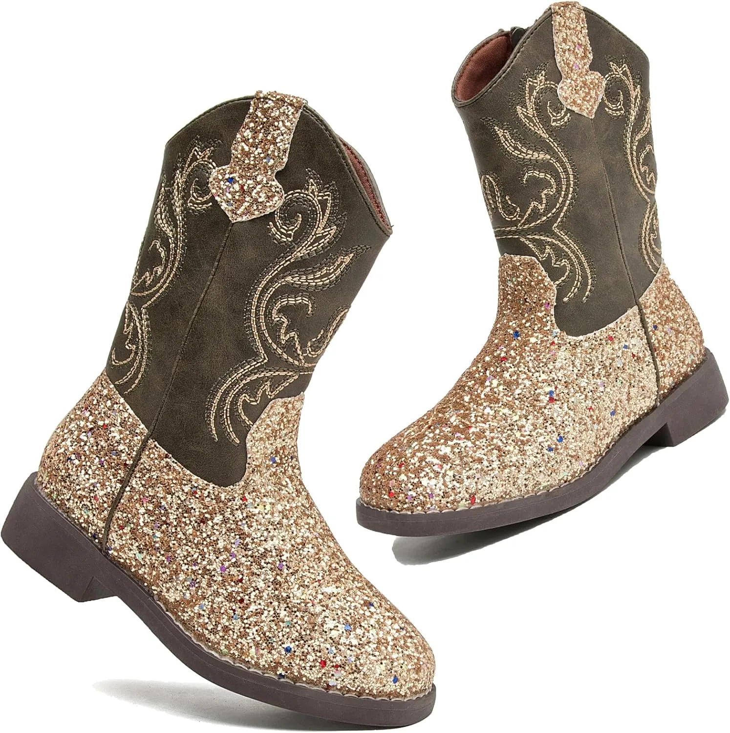 DADAWEN Kids Glitter Square Toe Cowgirl Boots Cowboy Western Boots Boys Girls Mid Calf Riding Shoes With Side Zipper