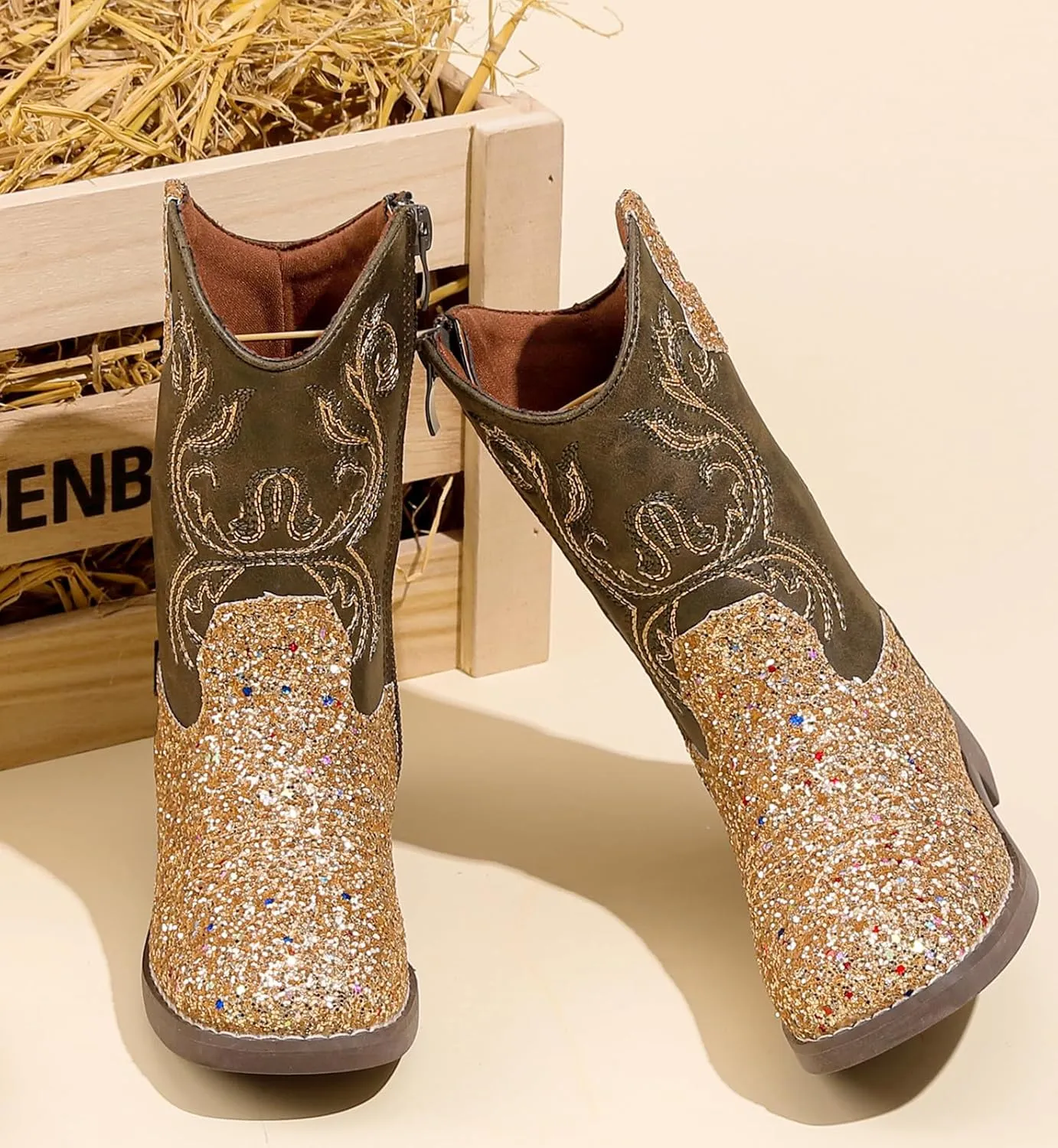 DADAWEN Kids Glitter Square Toe Cowgirl Boots Cowboy Western Boots Boys Girls Mid Calf Riding Shoes With Side Zipper