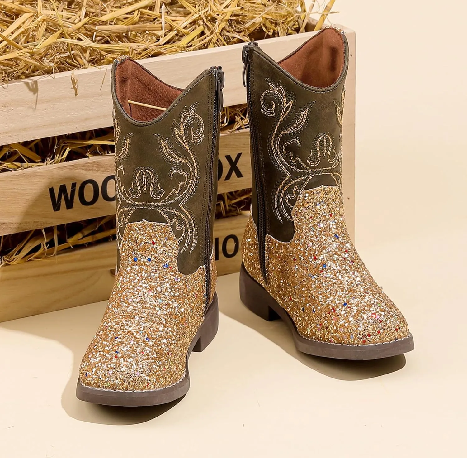 DADAWEN Kids Glitter Square Toe Cowgirl Boots Cowboy Western Boots Boys Girls Mid Calf Riding Shoes With Side Zipper