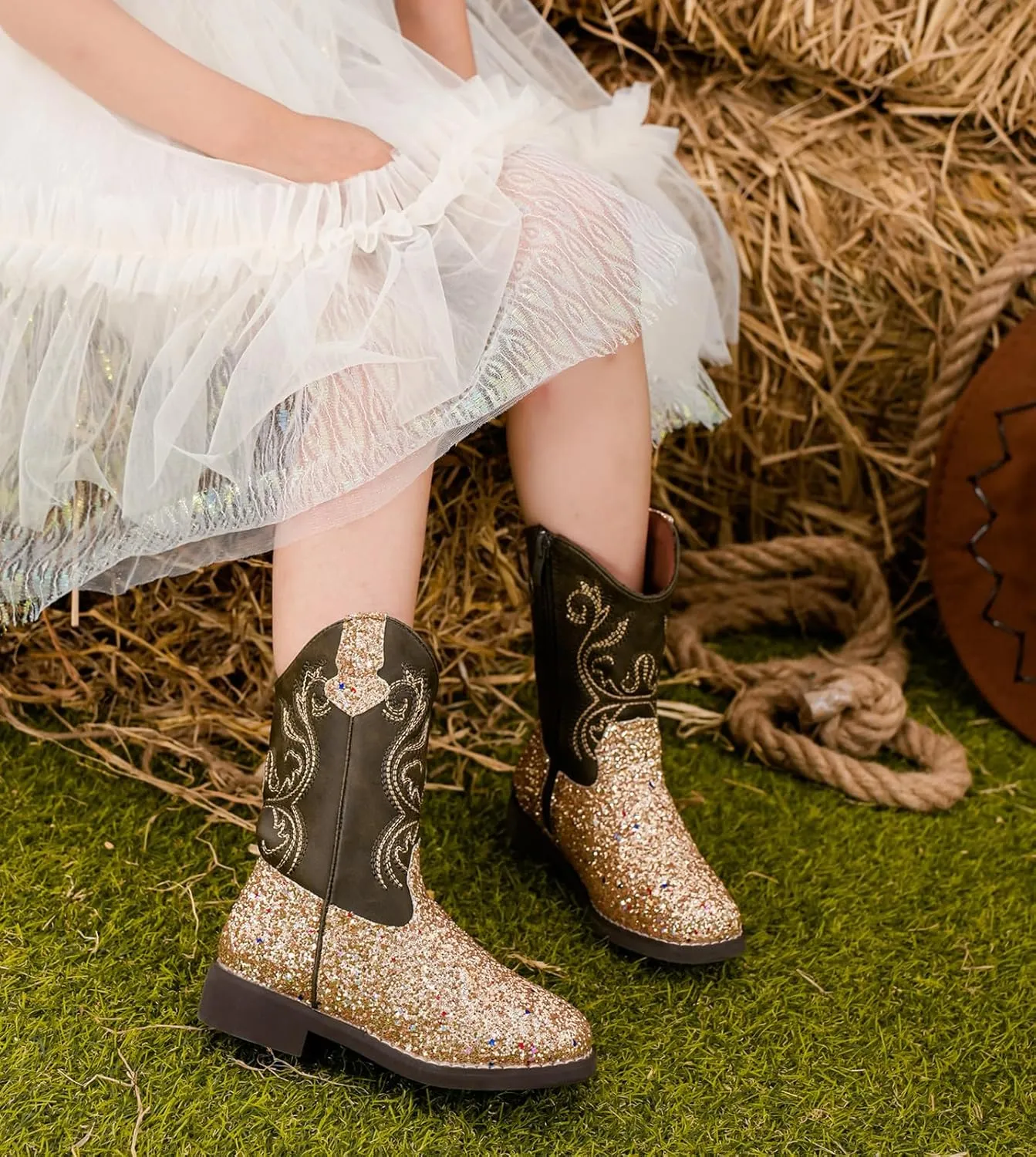 DADAWEN Kids Glitter Square Toe Cowgirl Boots Cowboy Western Boots Boys Girls Mid Calf Riding Shoes With Side Zipper