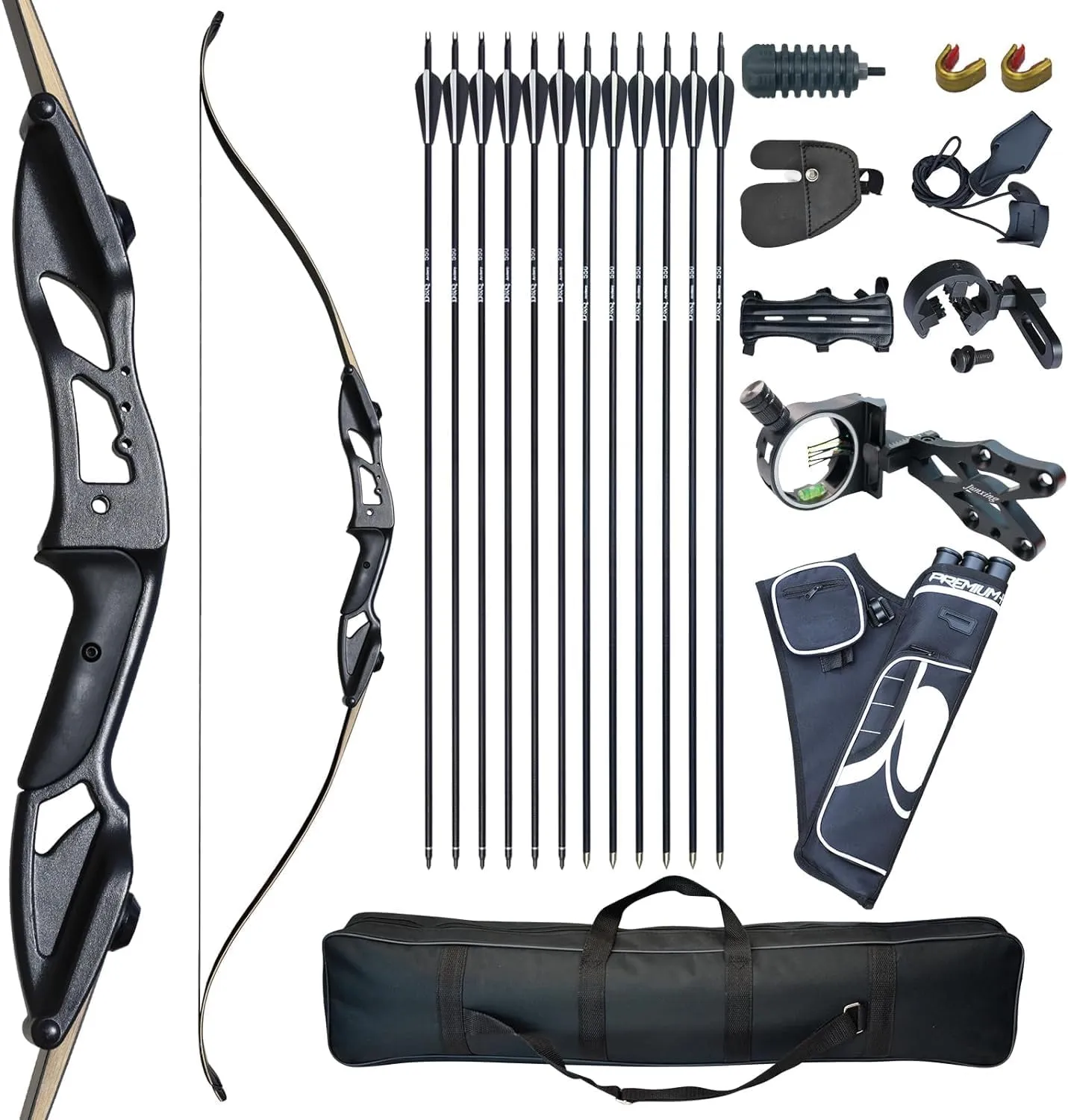 D&Q Hunting Recurve Bow and Arrow Set for Adults Kit Black Hunter Longbow Archery Hunting Target Practice Takedown Longbow Package 30 35 40 45 50 lbs Right Handed with Bow Case Stringer Arrow