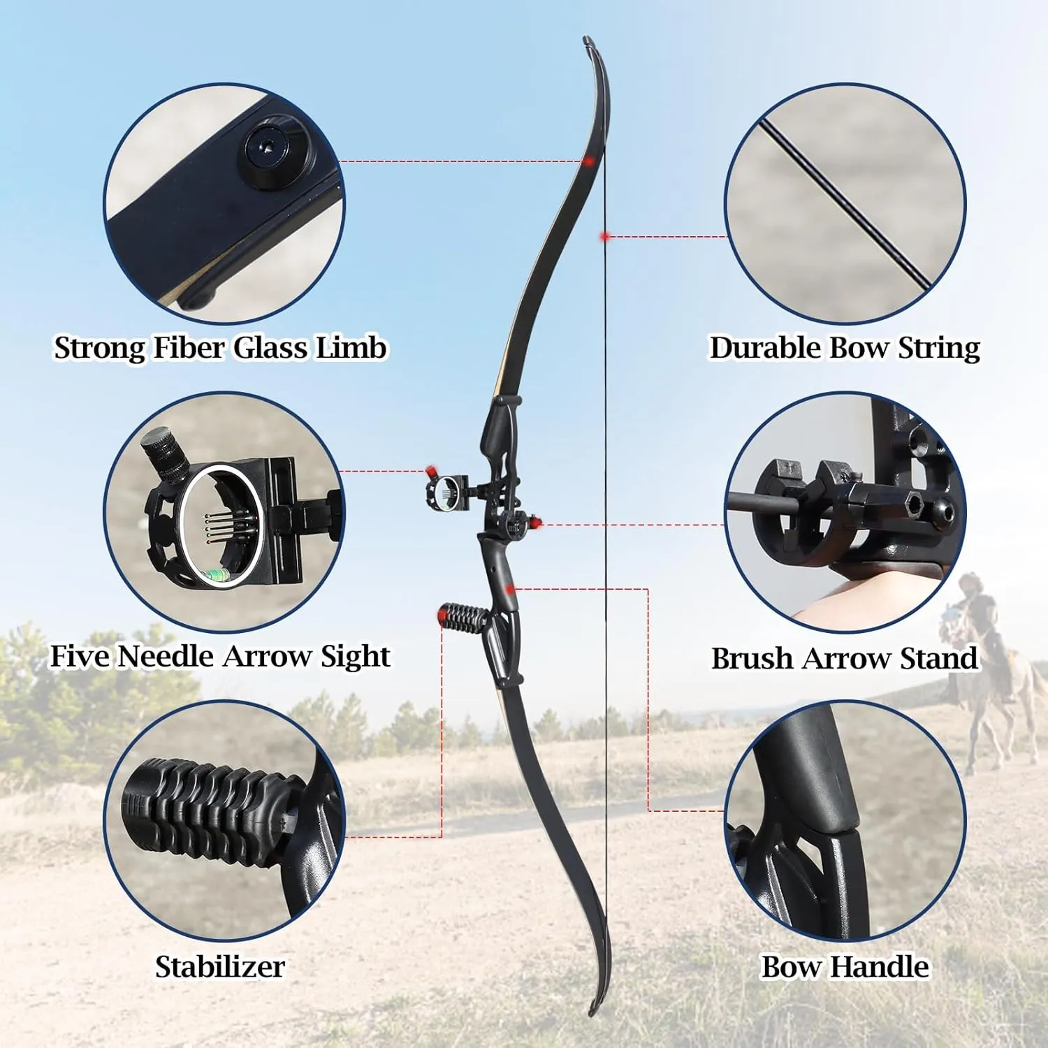 D&Q Hunting Recurve Bow and Arrow Set for Adults Kit Black Hunter Longbow Archery Hunting Target Practice Takedown Longbow Package 30 35 40 45 50 lbs Right Handed with Bow Case Stringer Arrow