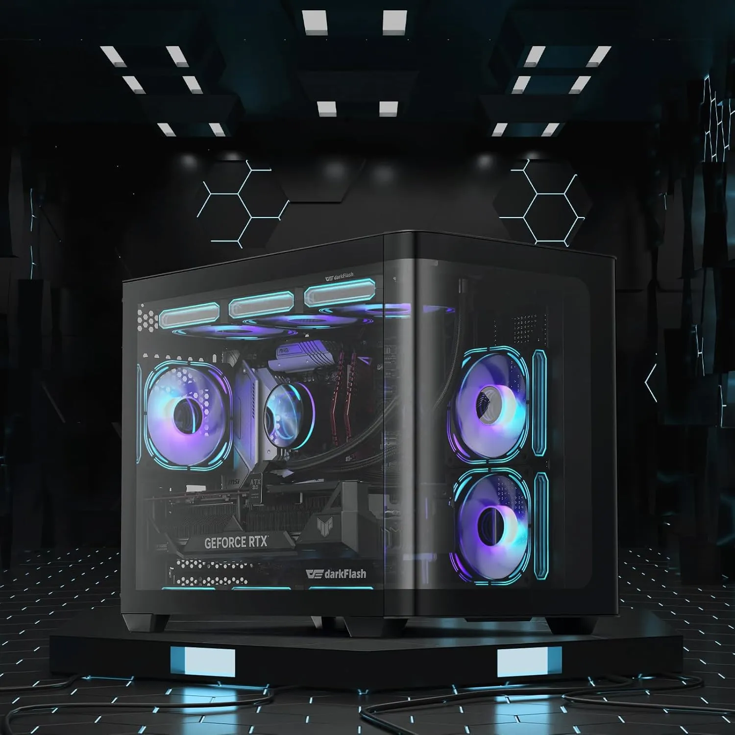 darkFlash Micro-ATX Gaming PC Case, MATX PC Case with 3 x 120mm ARGB Fans, Panoramic View Dual Tempered Curve Glass Computer Case, USB 3.0 Port, Supports Dual 360mm AIO, Black(DPW90M)