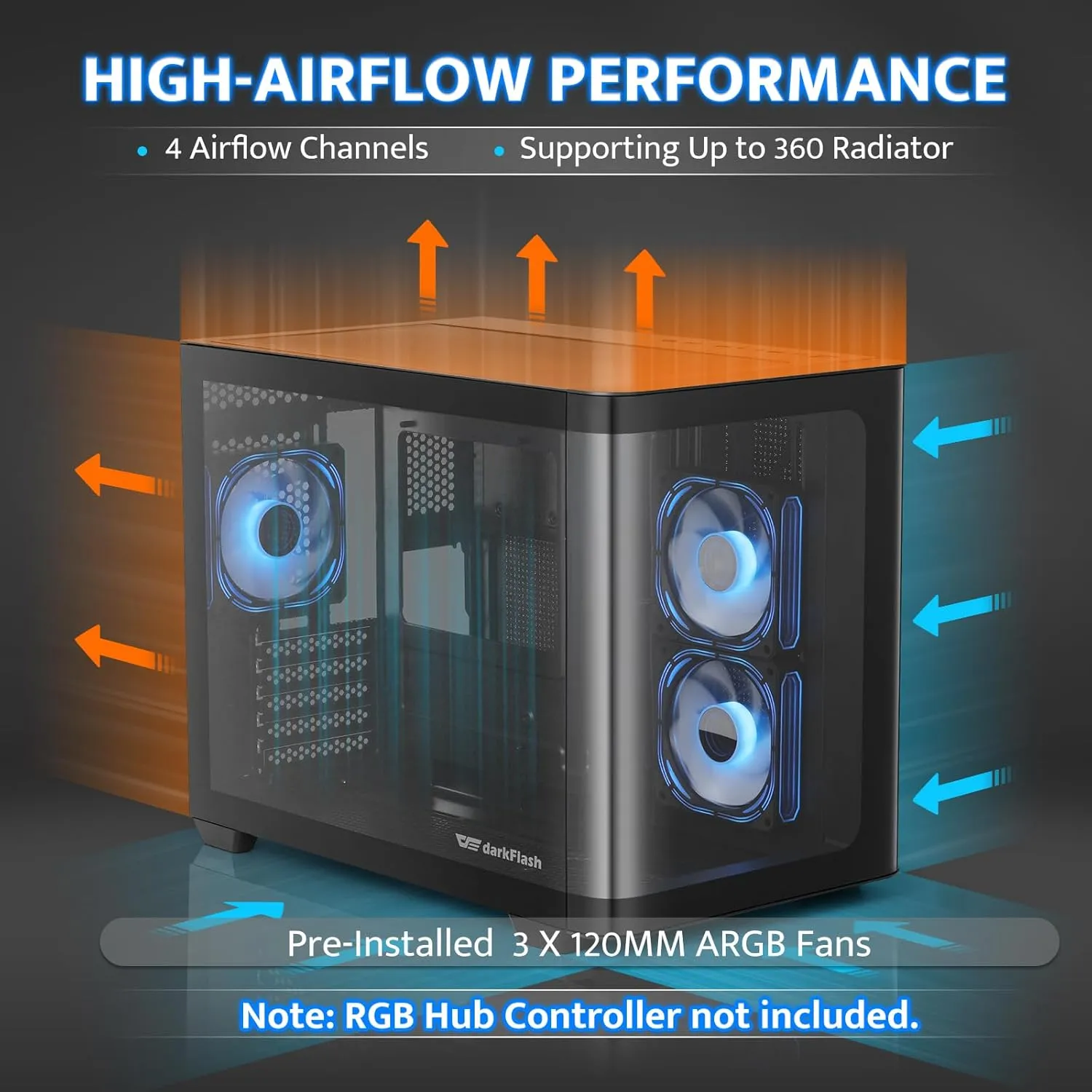 darkFlash Micro-ATX Gaming PC Case, MATX PC Case with 3 x 120mm ARGB Fans, Panoramic View Dual Tempered Curve Glass Computer Case, USB 3.0 Port, Supports Dual 360mm AIO, Black(DPW90M)