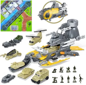 deAO Plane Toy for Boys Submarine Toy Naval Ship with Mat,10PCS Vehicle Tank Helicopter Plane & 10PCS Army Men Toy Soldiers,Ideal Gift Army Toys Set for Kids Boys