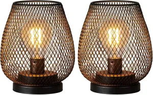 DECORKEY Set of 2 Battery Operated Lamp LED Table Lantern, Brown Metal Cage Cordless Lamps with LED Bulb，Vintage Decorative Outdoor Lantern for Weddings, Parties, Patio, Events for Indoors Shelf Decor