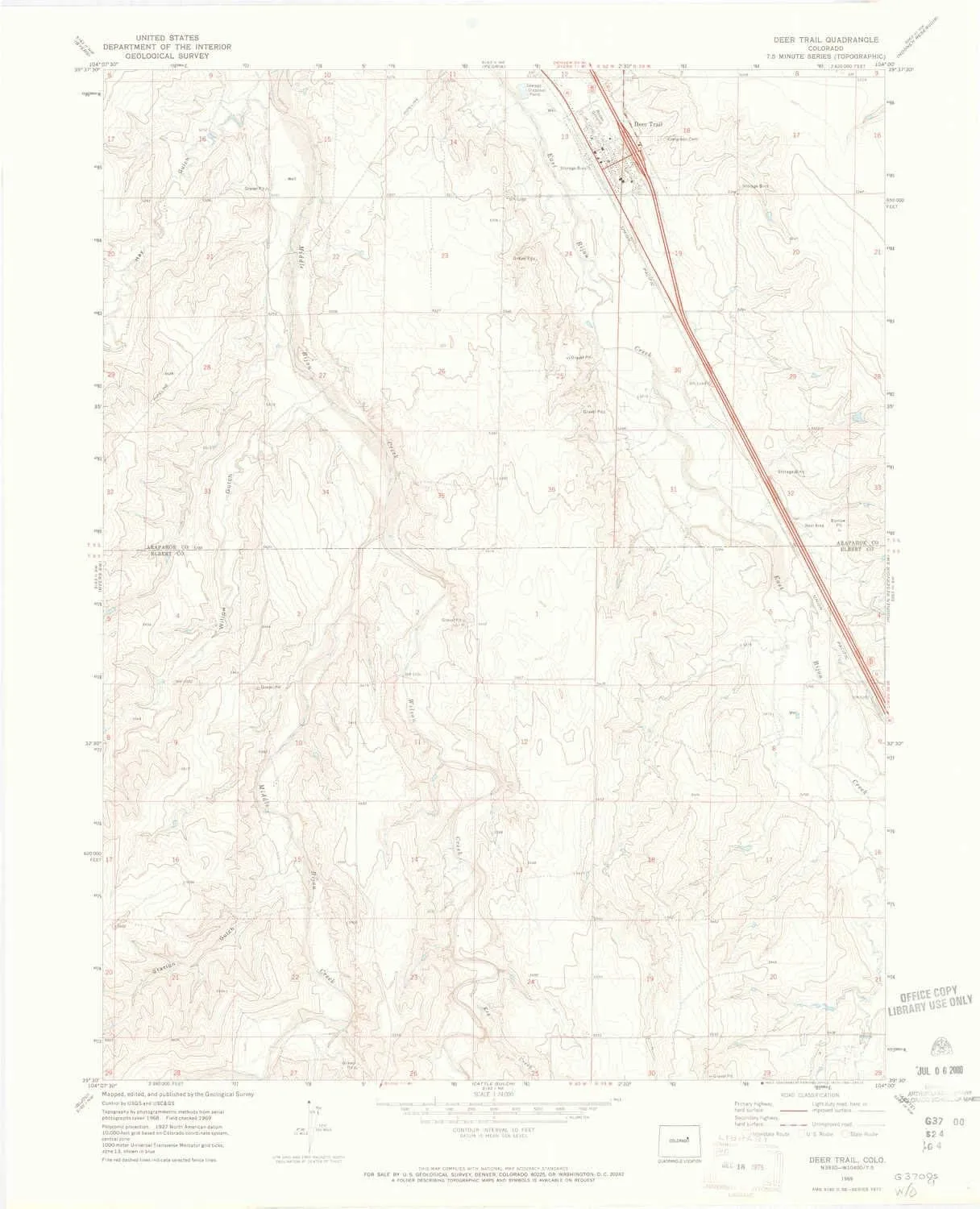 Deer Trail CO topo map, 1:24000 Scale, 7.5 X 7.5 Minute, Historical, 1969, Updated 1973, 27.2 x 22.1 in