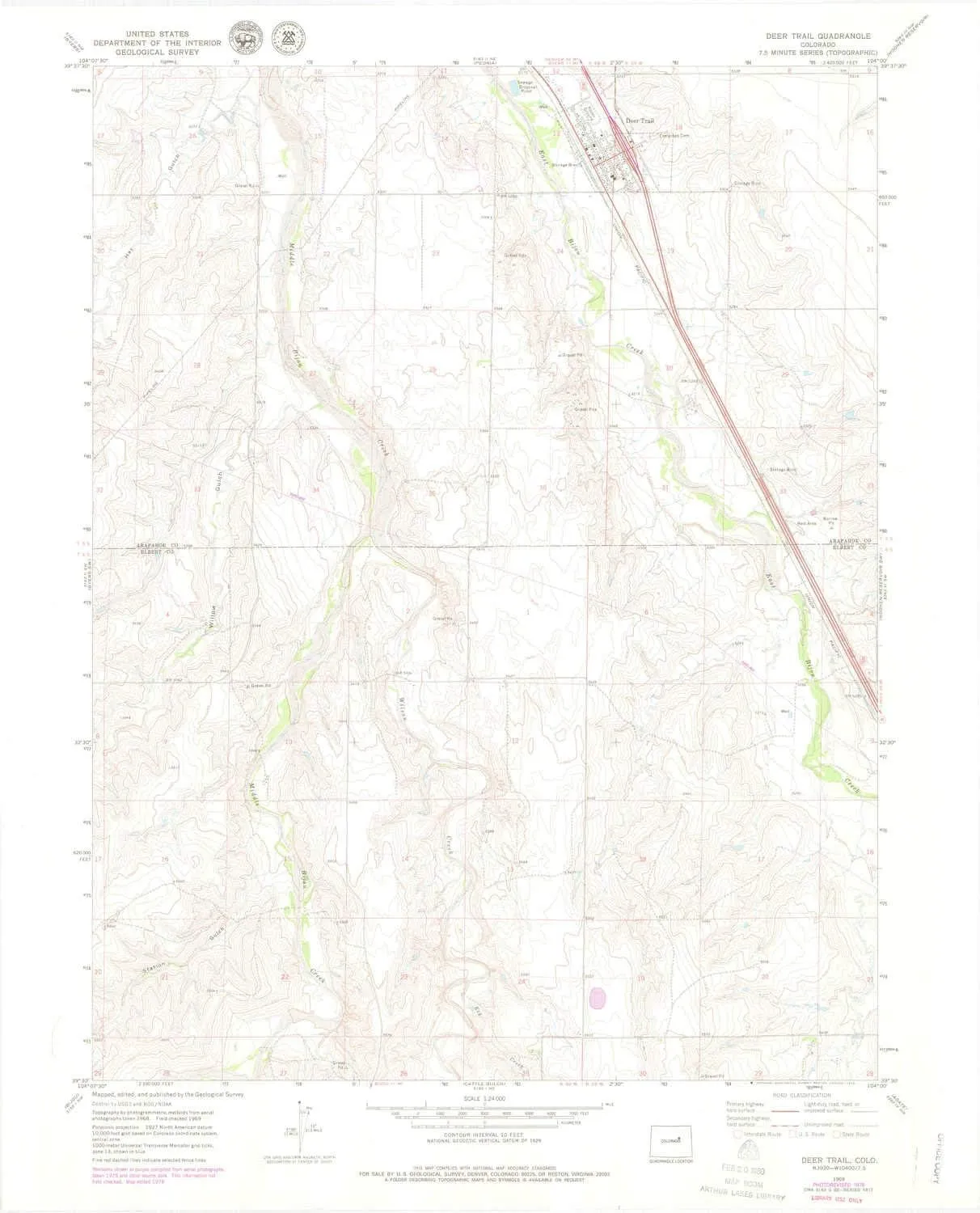 Deer Trail CO topo map, 1:24000 Scale, 7.5 X 7.5 Minute, Historical, 1969, Updated 1979, 27.2 x 22 in