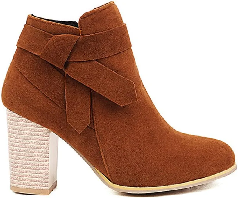 DEERBUNNY Classic Women's Suede Chunky Block Heels Ankle Boots Side Zip Tie Knot Stacked Heels Short Booties Thick Heel Party Dress Boots