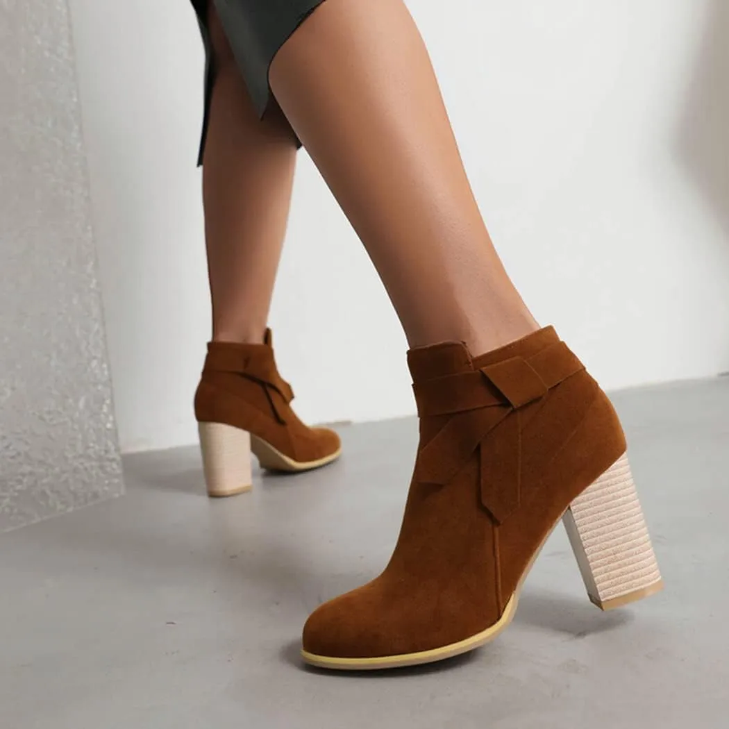 DEERBUNNY Classic Women's Suede Chunky Block Heels Ankle Boots Side Zip Tie Knot Stacked Heels Short Booties Thick Heel Party Dress Boots
