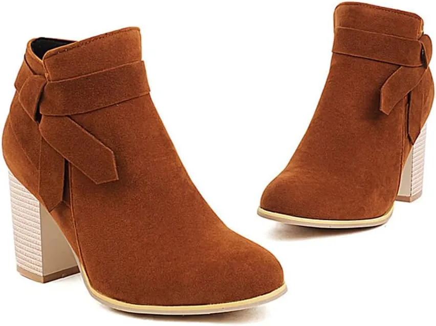 DEERBUNNY Classic Women's Suede Chunky Block Heels Ankle Boots Side Zip Tie Knot Stacked Heels Short Booties Thick Heel Party Dress Boots