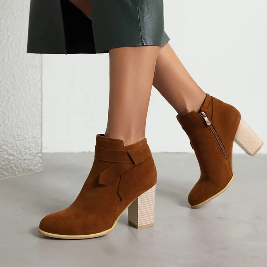 DEERBUNNY Classic Women's Suede Chunky Block Heels Ankle Boots Side Zip Tie Knot Stacked Heels Short Booties Thick Heel Party Dress Boots