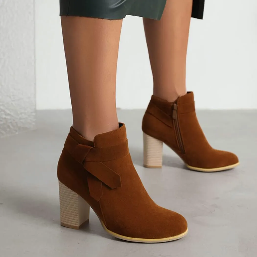DEERBUNNY Classic Women's Suede Chunky Block Heels Ankle Boots Side Zip Tie Knot Stacked Heels Short Booties Thick Heel Party Dress Boots