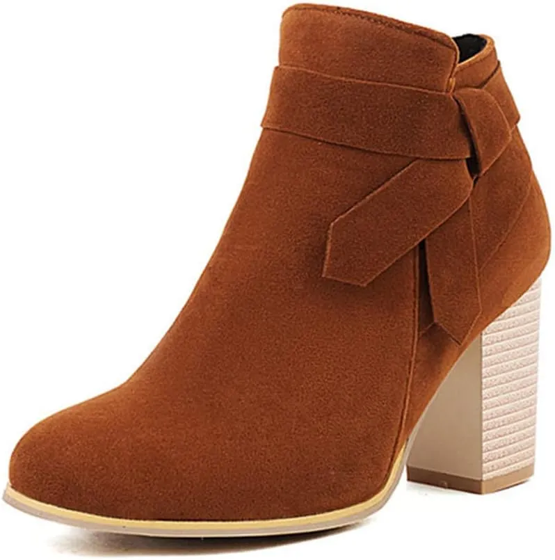 DEERBUNNY Classic Women's Suede Chunky Block Heels Ankle Boots Side Zip Tie Knot Stacked Heels Short Booties Thick Heel Party Dress Boots