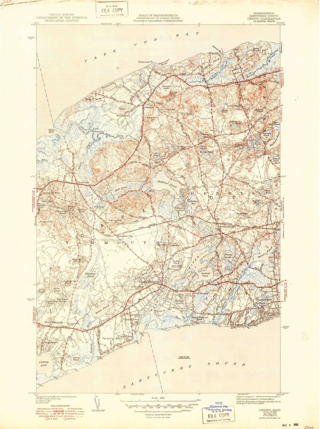 Dennis MA topo map, 1:31680 Scale, 7.5 X 7.5 Minute, Historical, 1943, Updated 1950, 22.8 x 17 in