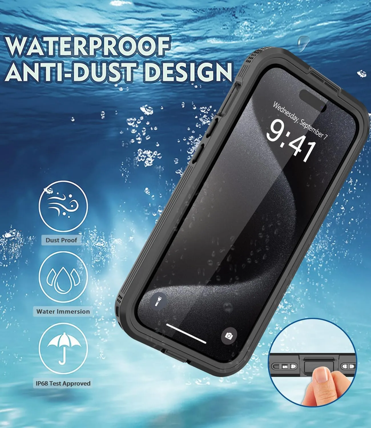 Design for iPhone 15 Pro Max Waterproof Case, Shockproof Dustproof Waterproof Phone Case for iPhone 15 Pro Max, Full Body Protective Case for iPhone 15 Pro Max 6.7Inch (Black)