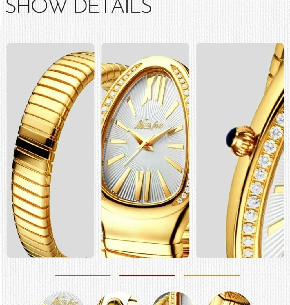 Diamond Quartz Gold Watch Women Snake Design Three Loop Bracelet Watches