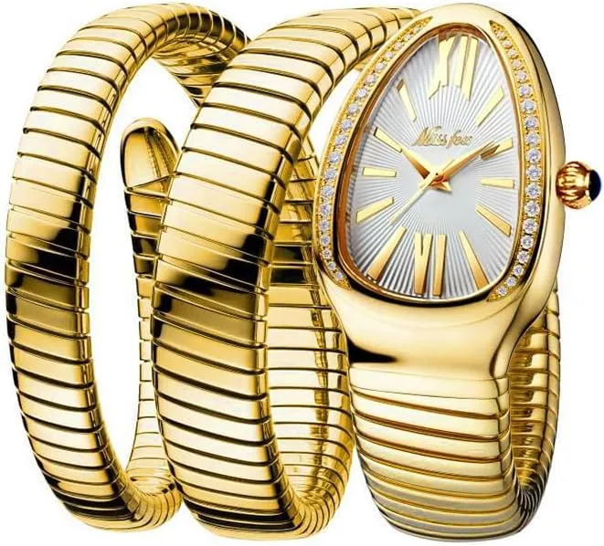 Diamond Quartz Gold Watch Women Snake Design Three Loop Bracelet Watches