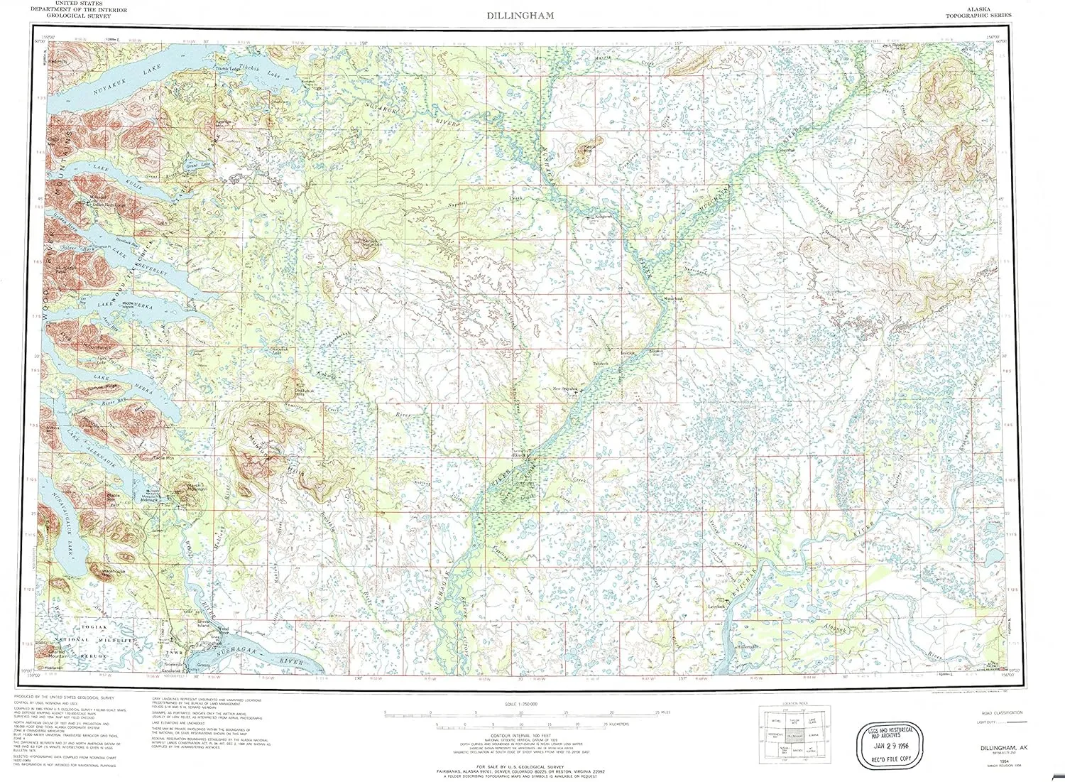 Dillingham AK topo map, 1:250000 Scale, 1 X 3 Degree, Historical, 1954, Updated 1995, 22.6 x 30.3 in