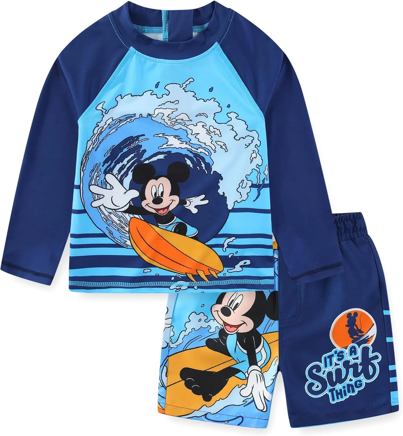 Disney Mickey Mouse Boys UPF 50  Rash Guard and Swim Trunks Swimsuit for Infant, Toddler, and Big Kids