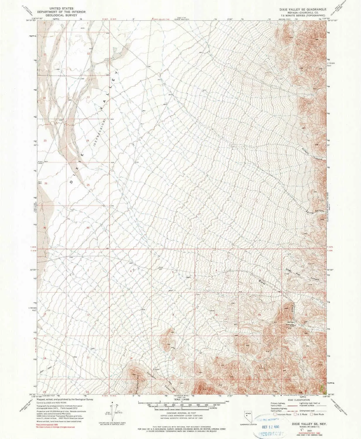Dixie Valley SE NV topo map, 1:24000 Scale, 7.5 X 7.5 Minute, Historical, 1972, Updated 1990, 26.7 x 22 in