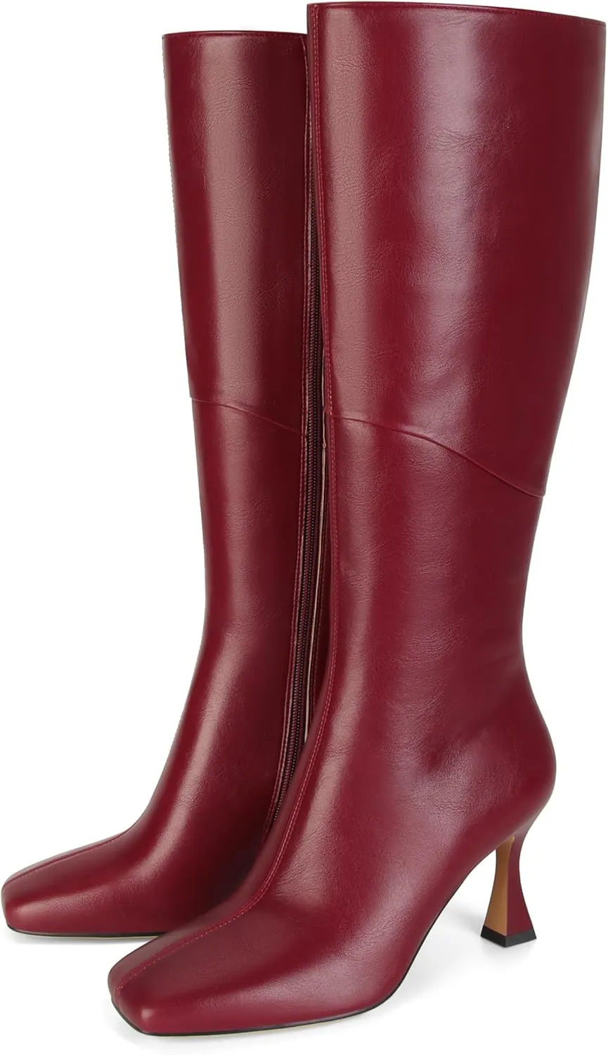 DOEYG Black Leather Knee High Boots for Women Kitten Heel Tall Boots Square Toe Stiletto Heels Heeled Boots Dressy Fashion Long Boots with Side Zipper
