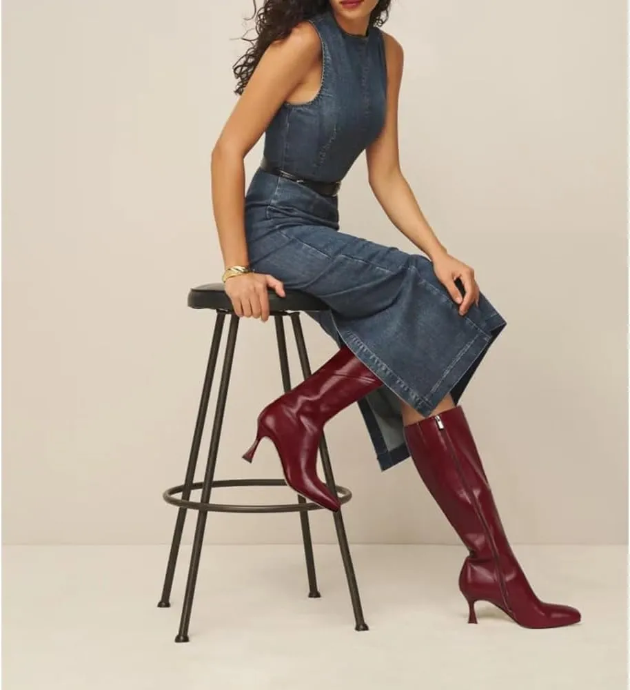 DOEYG Black Leather Knee High Boots for Women Kitten Heel Tall Boots Square Toe Stiletto Heels Heeled Boots Dressy Fashion Long Boots with Side Zipper