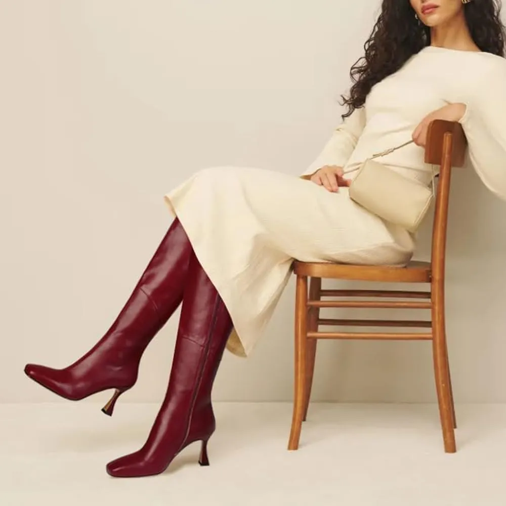 DOEYG Black Leather Knee High Boots for Women Kitten Heel Tall Boots Square Toe Stiletto Heels Heeled Boots Dressy Fashion Long Boots with Side Zipper