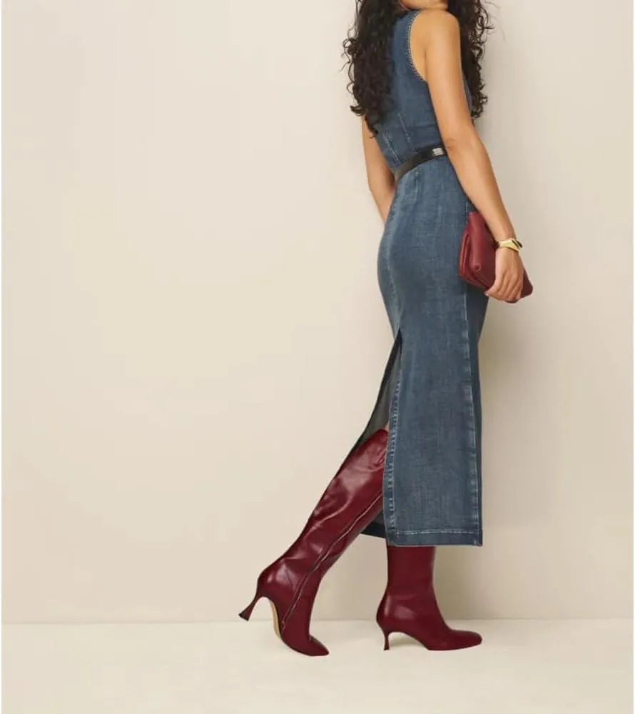 DOEYG Black Leather Knee High Boots for Women Kitten Heel Tall Boots Square Toe Stiletto Heels Heeled Boots Dressy Fashion Long Boots with Side Zipper
