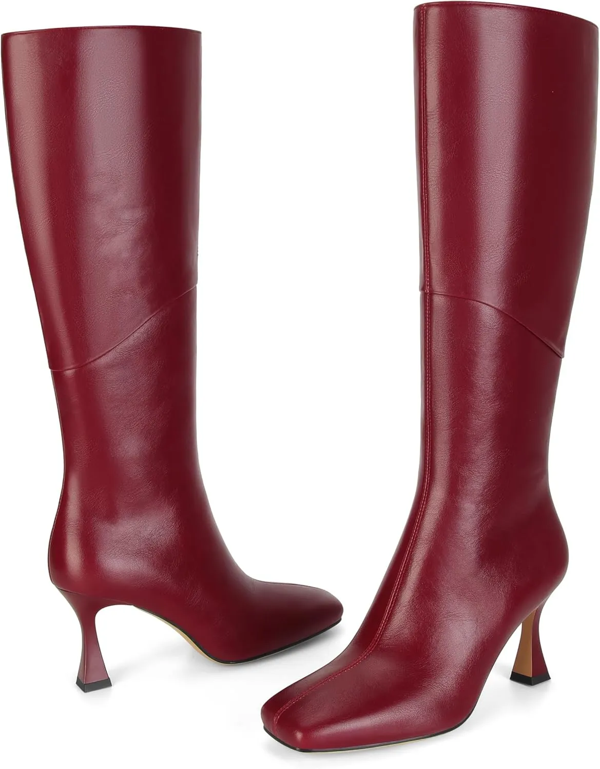 DOEYG Black Leather Knee High Boots for Women Kitten Heel Tall Boots Square Toe Stiletto Heels Heeled Boots Dressy Fashion Long Boots with Side Zipper