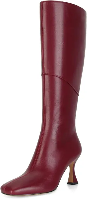 DOEYG Black Leather Knee High Boots for Women Kitten Heel Tall Boots Square Toe Stiletto Heels Heeled Boots Dressy Fashion Long Boots with Side Zipper