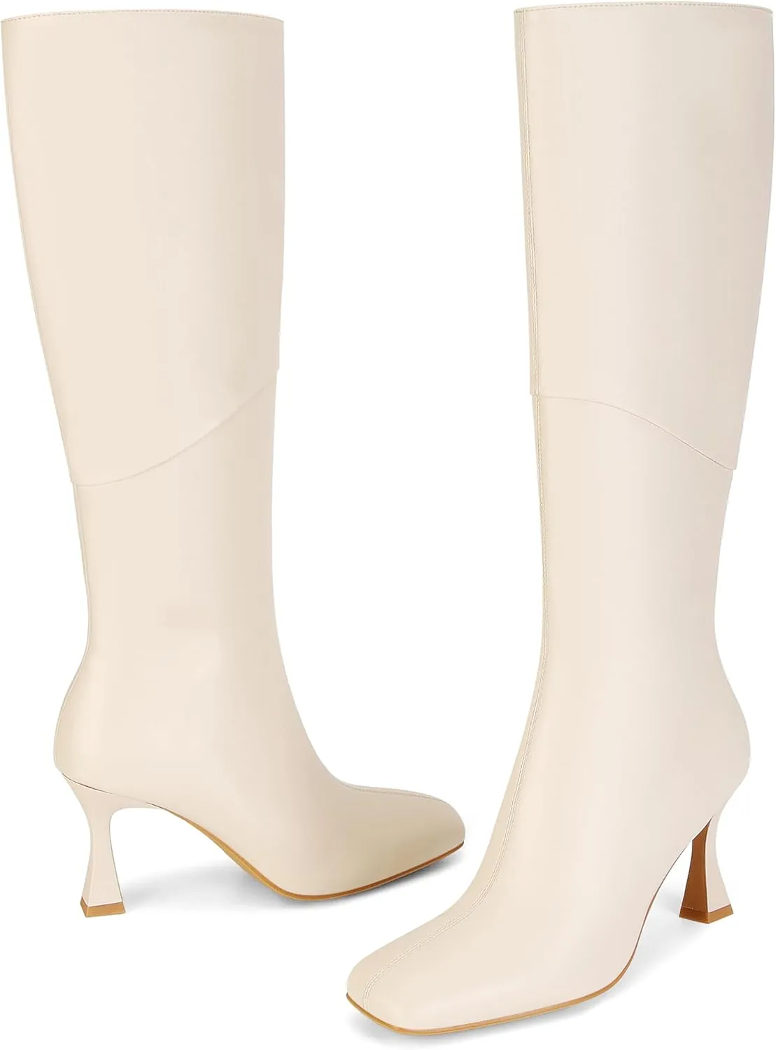 DOEYG Black Leather Knee High Boots for Women Kitten Heel Tall Boots Square Toe Stiletto Heels Heeled Boots Dressy Fashion Long Boots with Side Zipper