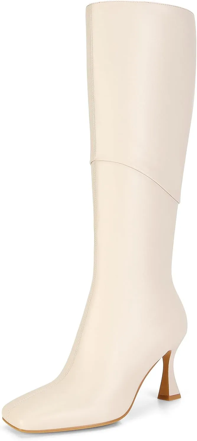 DOEYG Black Leather Knee High Boots for Women Kitten Heel Tall Boots Square Toe Stiletto Heels Heeled Boots Dressy Fashion Long Boots with Side Zipper