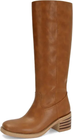 DOEYG Women's Banana Knee High Boots Square Toe Chunky Block Heel Tall Boots Wide Calf Fashion Comfortable Casual Pull on Long Boots