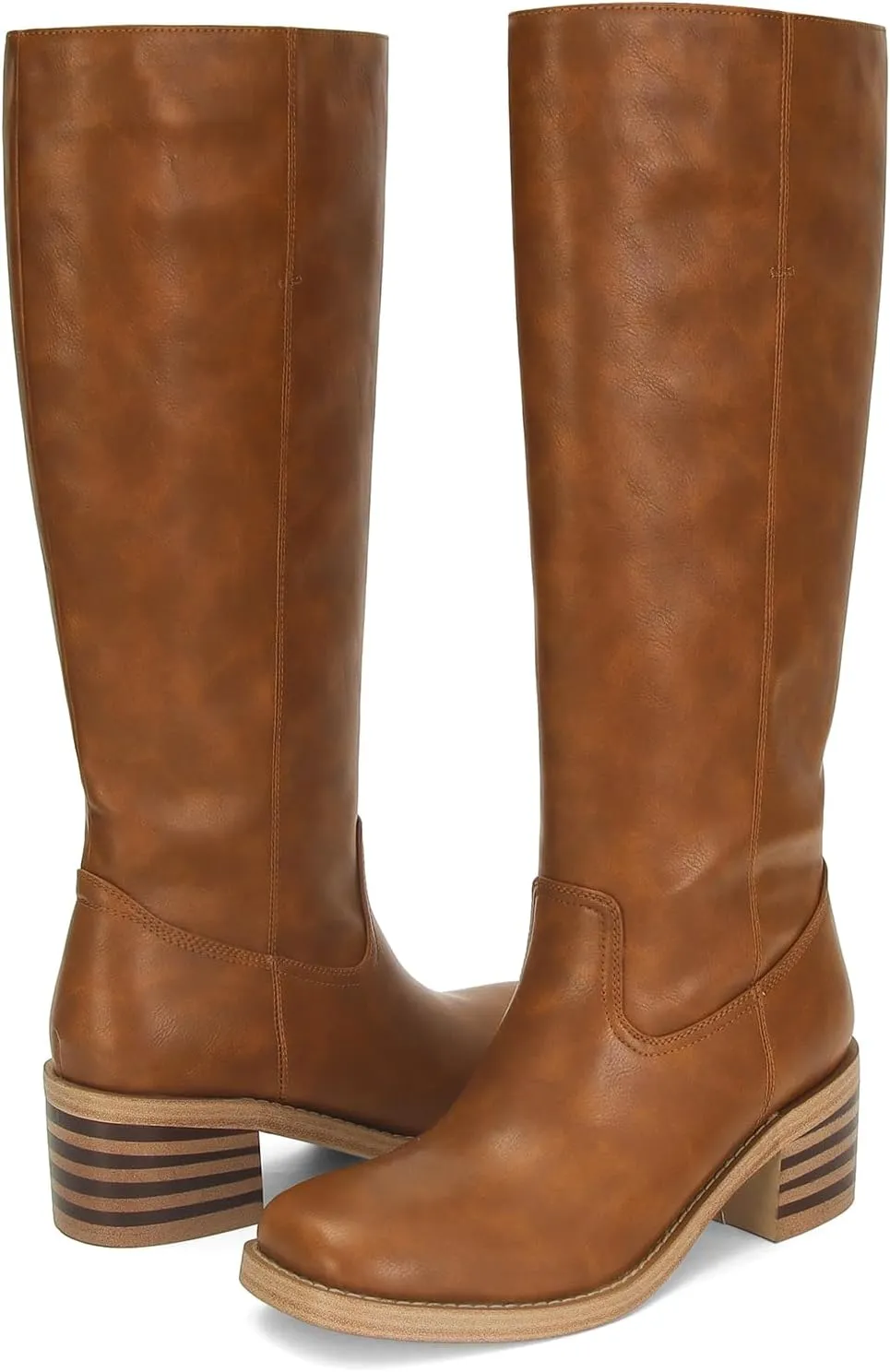 DOEYG Women's Banana Knee High Boots Square Toe Chunky Block Heel Tall Boots Wide Calf Fashion Comfortable Casual Pull on Long Boots