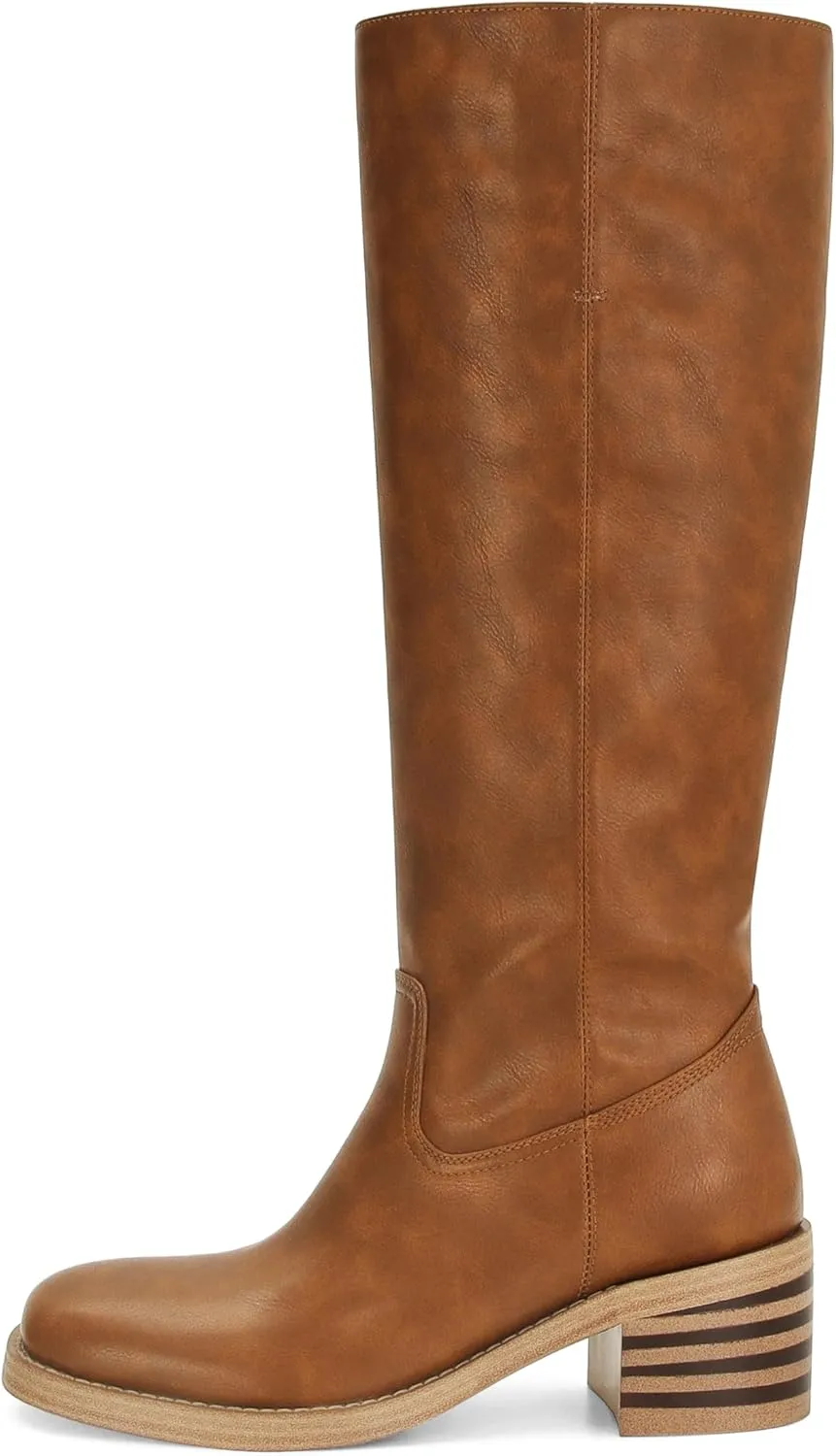DOEYG Women's Banana Knee High Boots Square Toe Chunky Block Heel Tall Boots Wide Calf Fashion Comfortable Casual Pull on Long Boots