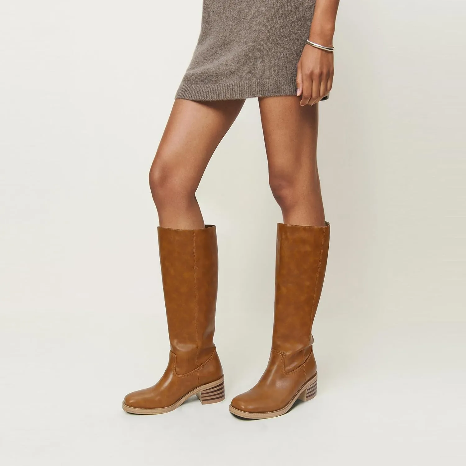 DOEYG Women's Banana Knee High Boots Square Toe Chunky Block Heel Tall Boots Wide Calf Fashion Comfortable Casual Pull on Long Boots