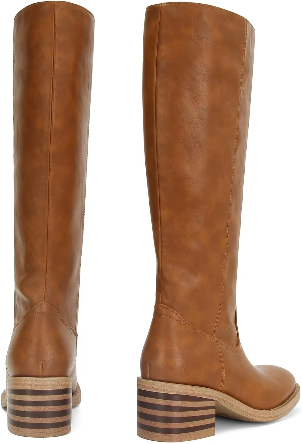 DOEYG Women's Banana Knee High Boots Square Toe Chunky Block Heel Tall Boots Wide Calf Fashion Comfortable Casual Pull on Long Boots