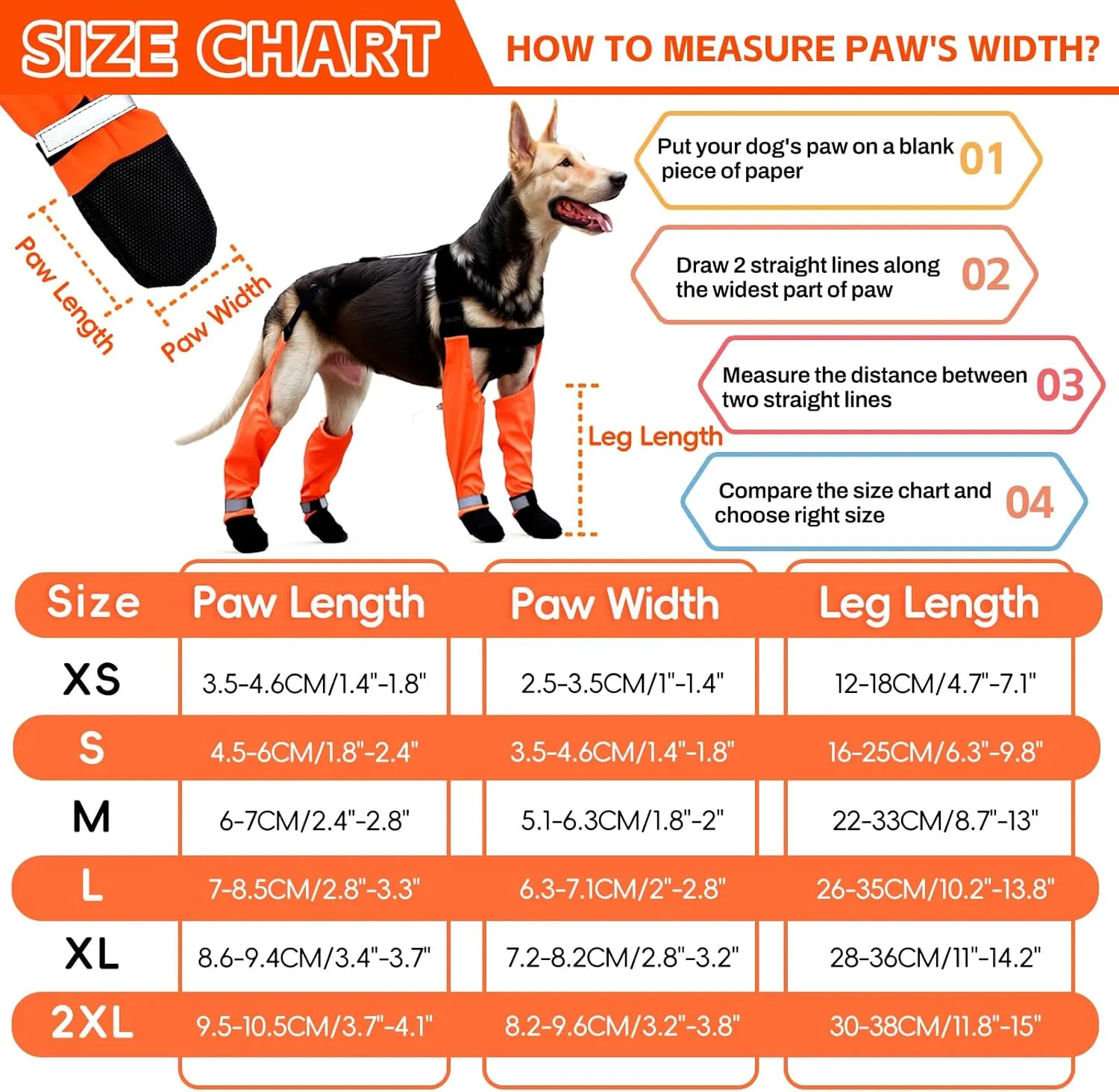 Dog Suspender Boots, Waterproof Tall Dog Rain Boots, Anti-Dirt Pet Legging Boots Paw Protector 4-Legged Shoes, Adjustable Snow Pants with Boot for Medium Large Dogs Outdoor Walking Hiking(Orange,XS)