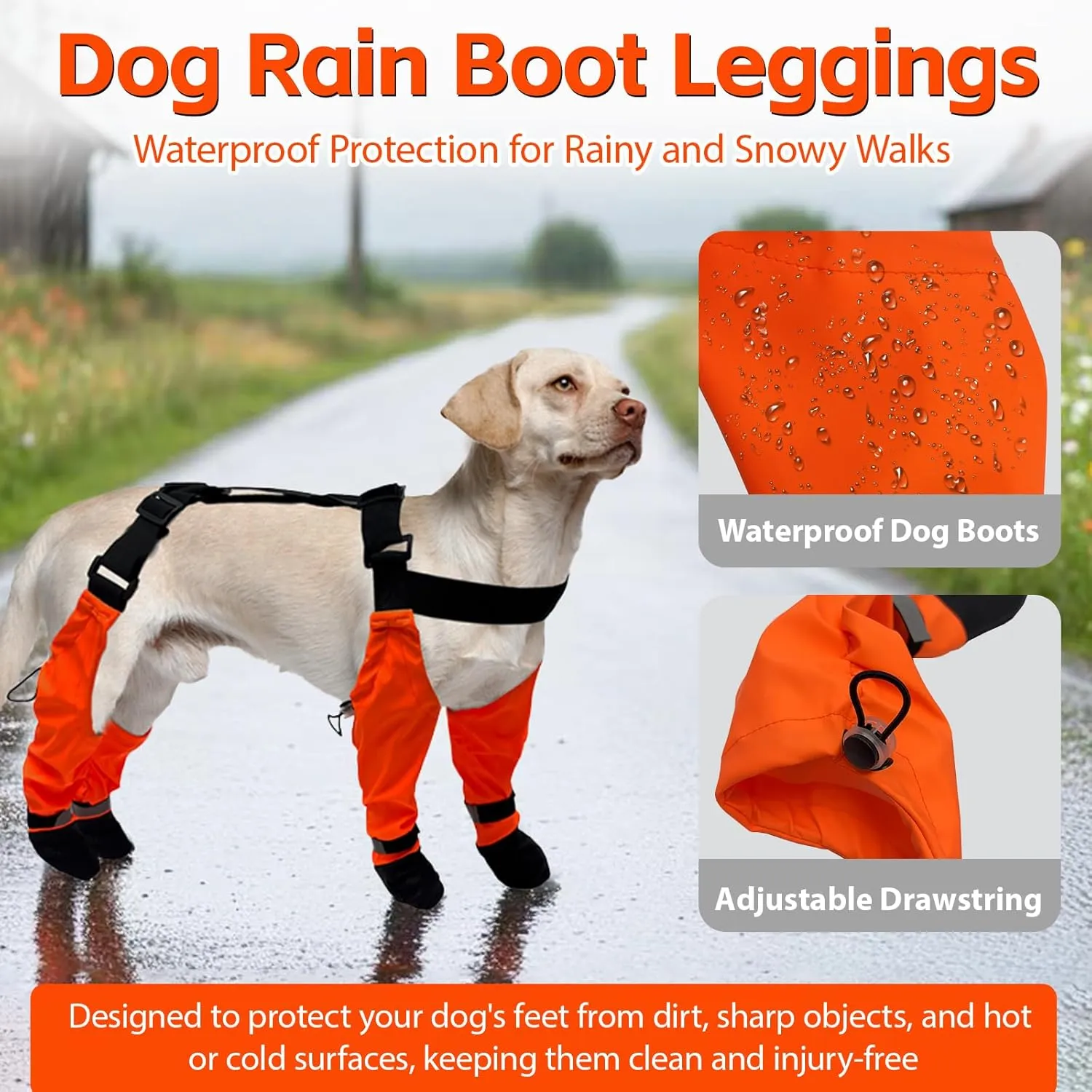 Dog Suspender Boots, Waterproof Tall Dog Rain Boots, Anti-Dirt Pet Legging Boots Paw Protector 4-Legged Shoes, Adjustable Snow Pants with Boot for Medium Large Dogs Outdoor Walking Hiking(Orange,XS)