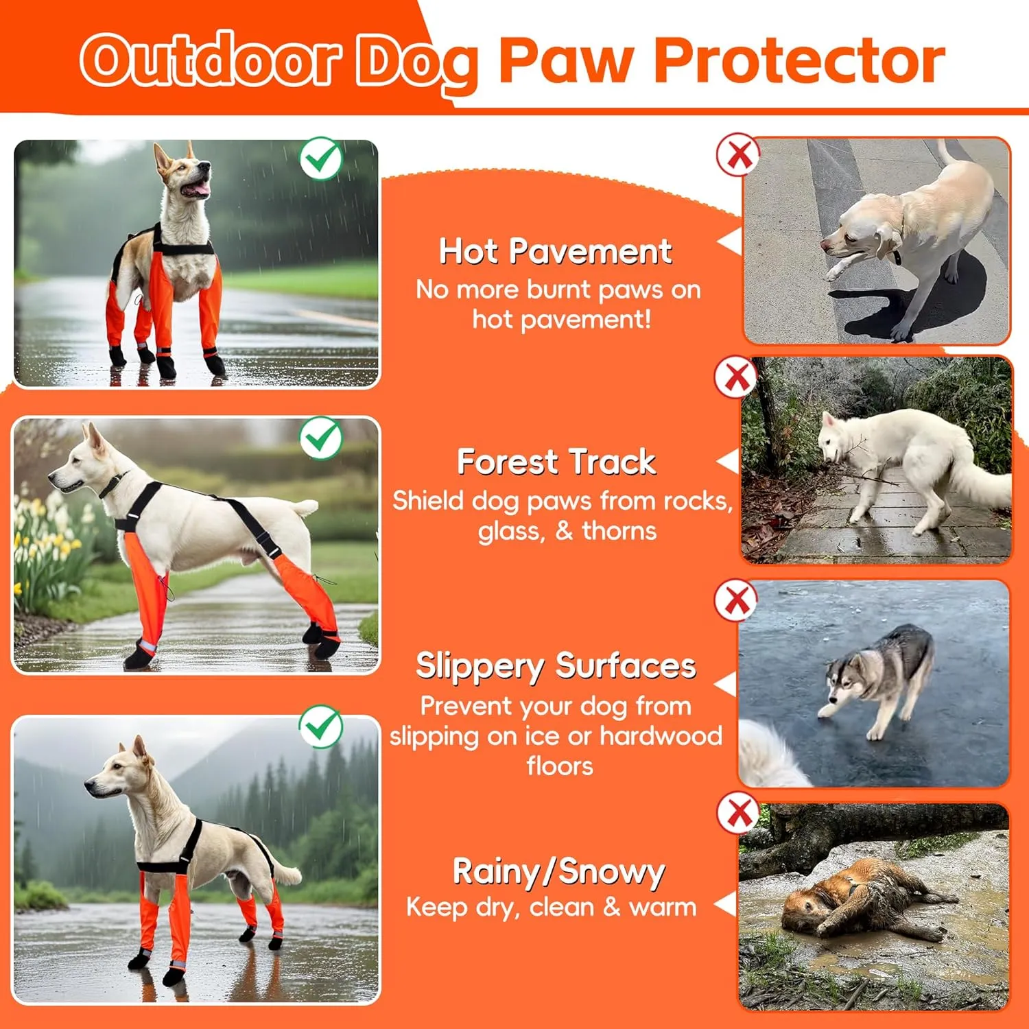 Dog Suspender Boots, Waterproof Tall Dog Rain Boots, Anti-Dirt Pet Legging Boots Paw Protector 4-Legged Shoes, Adjustable Snow Pants with Boot for Medium Large Dogs Outdoor Walking Hiking(Orange,XS)