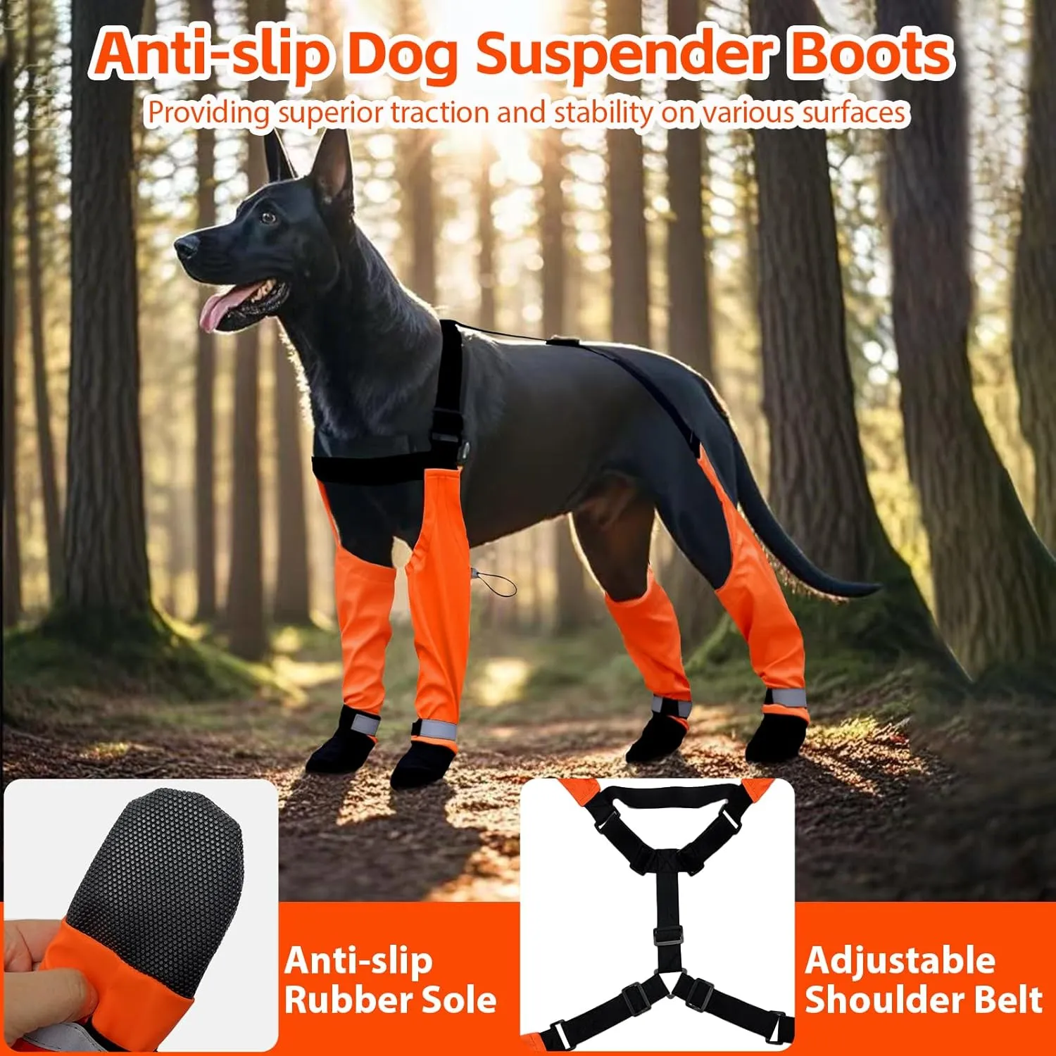 Dog Suspender Boots, Waterproof Tall Dog Rain Boots, Anti-Dirt Pet Legging Boots Paw Protector 4-Legged Shoes, Adjustable Snow Pants with Boot for Medium Large Dogs Outdoor Walking Hiking(Orange,XS)