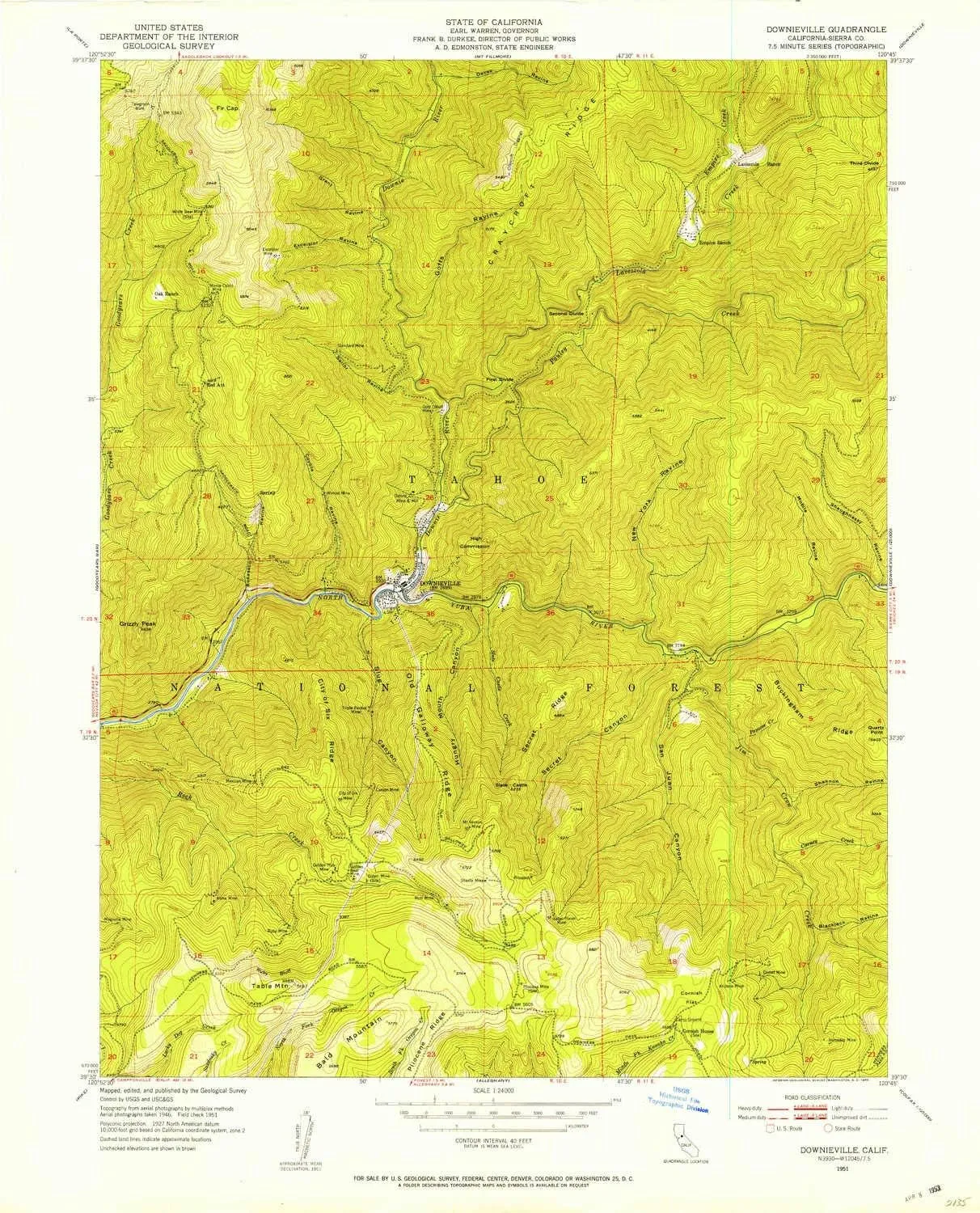 Downieville CA topo map, 1:24000 Scale, 7.5 X 7.5 Minute, Historical, 1951, Updated 1953, 27.2 x 22 in
